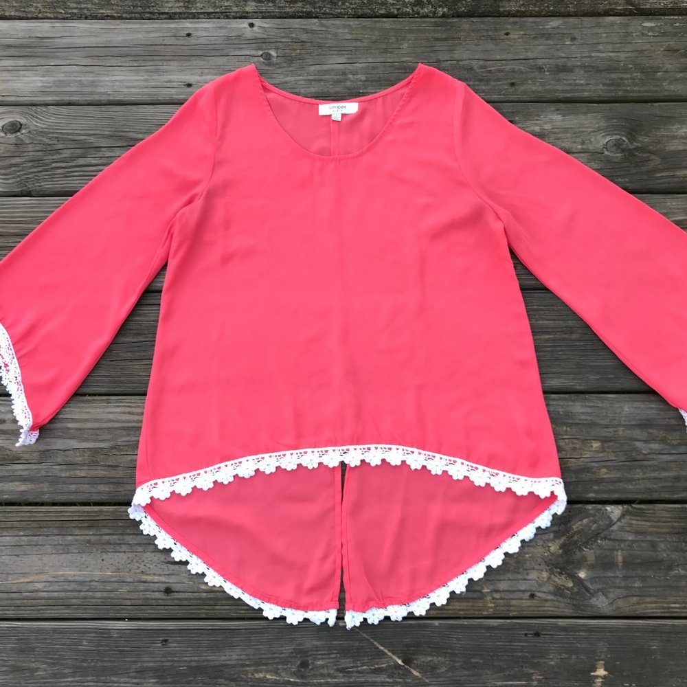 Umgee USA Women Top Blouse Shirt Pink W/ White Lac - Picture 2 of 8